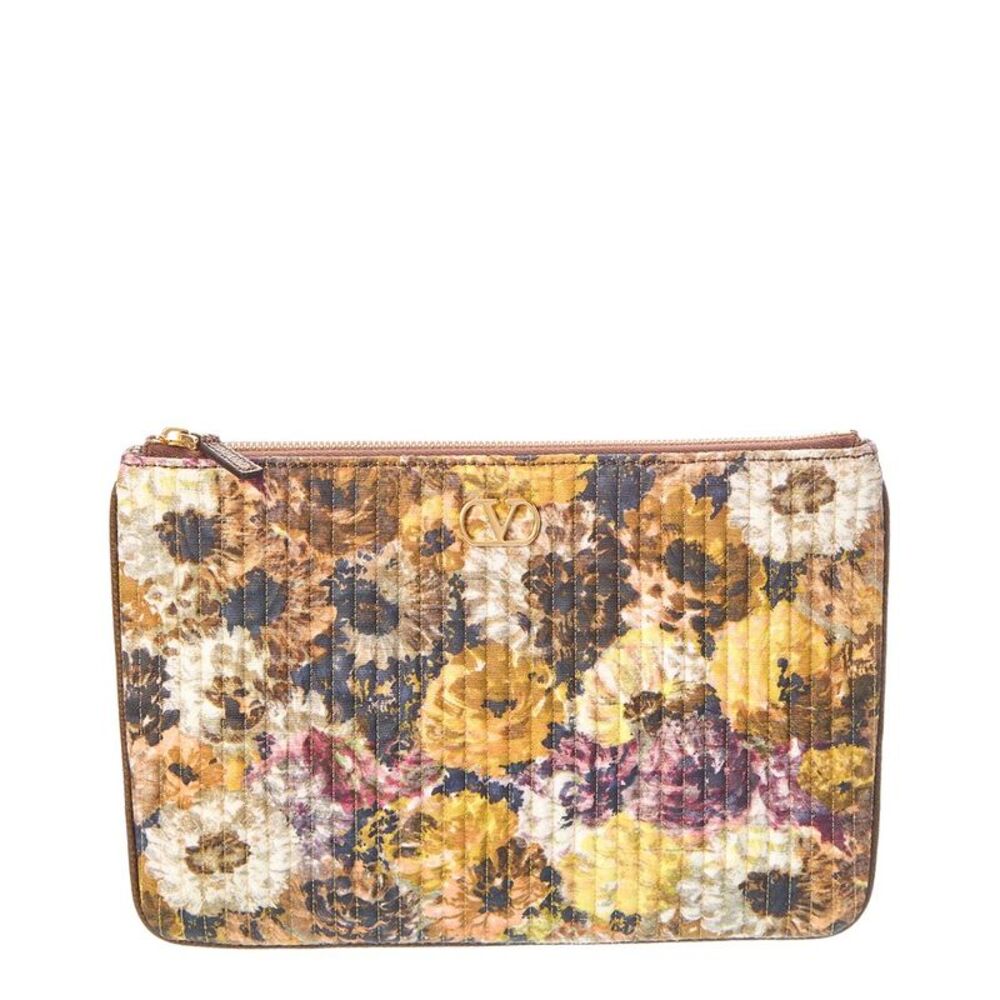 Valentino Vlogo Signature Quilted Canvas Pouch, Brown